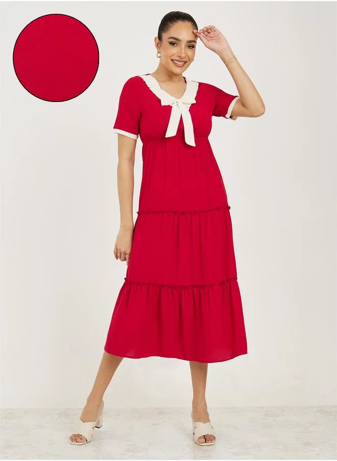 Take Two Contrast Neck Bow Detail Tiered Midi Dress