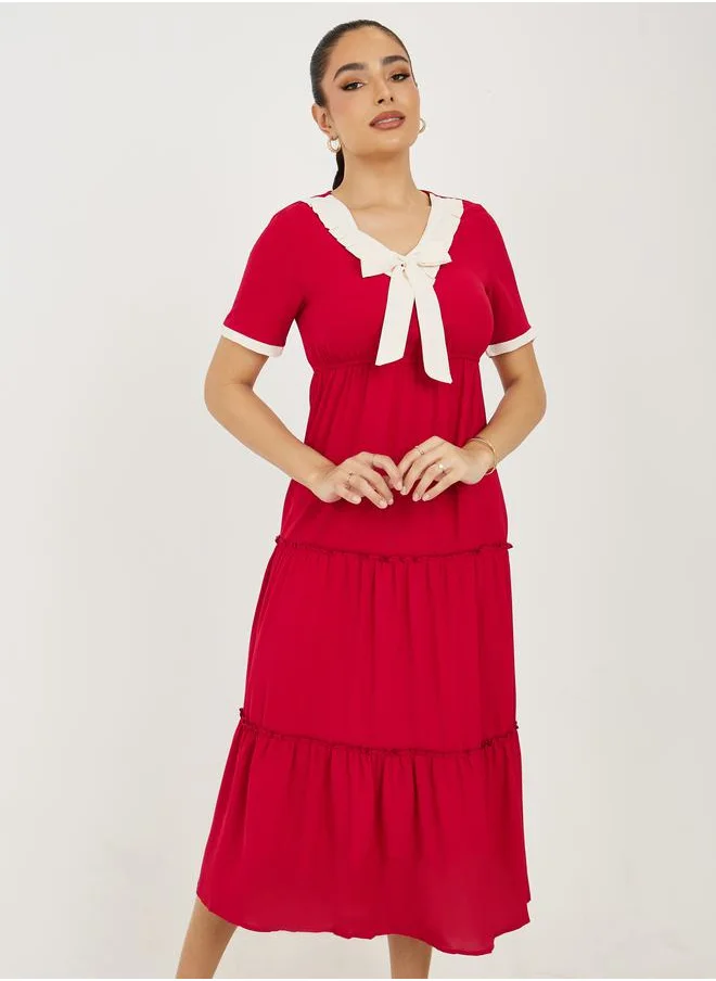 Take Two Contrast Neck Bow Detail Tiered Midi Dress