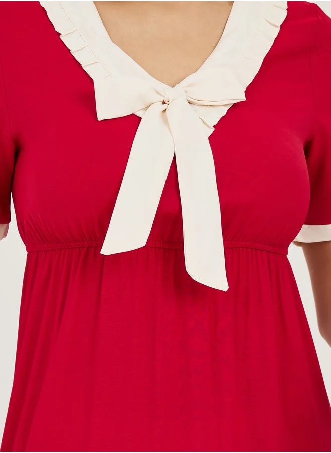 Take Two Contrast Neck Bow Detail Tiered Midi Dress