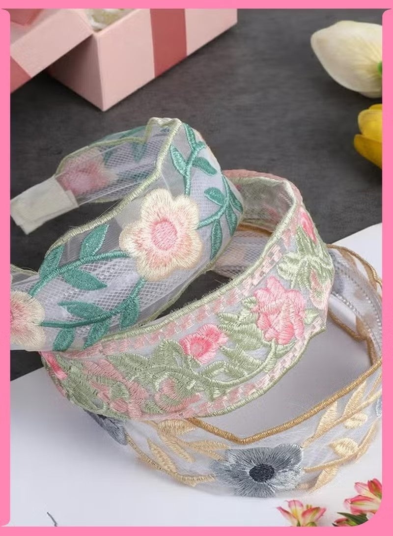 3 قطع من عصابات الرأس المطرزة بالزهور للنساء والفتيات، عصابات شعر واسعة مرنة من الدانتيل العتيق، عصابة رأس شبكية غير قابلة للانزلاق مع عقدة علوية لإكسسوارات الشعر في الربيع والصيف (متعددة الألوان) - Image 4