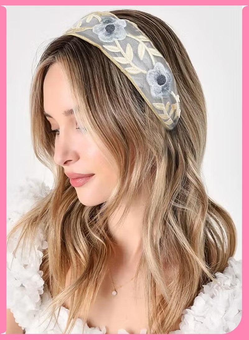 3 قطع من عصابات الرأس المطرزة بالزهور للنساء والفتيات، عصابات شعر واسعة مرنة من الدانتيل العتيق، عصابة رأس شبكية غير قابلة للانزلاق مع عقدة علوية لإكسسوارات الشعر في الربيع والصيف (متعددة الألوان) - Image 5