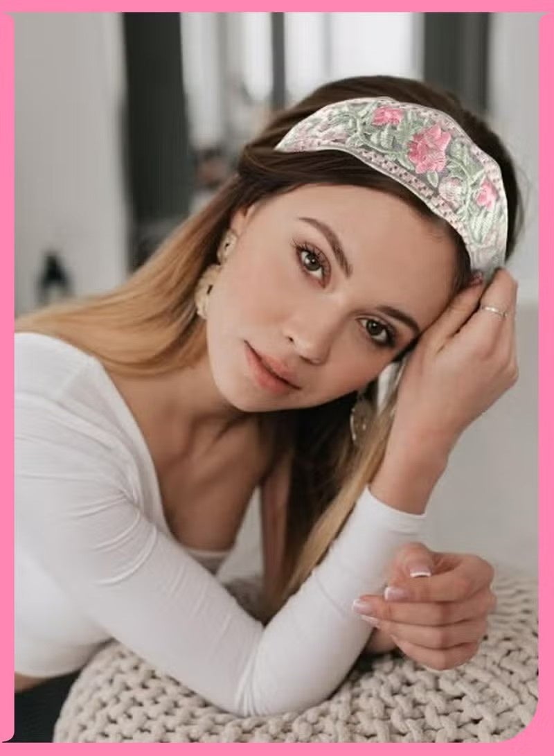 3 قطع من عصابات الرأس المطرزة بالزهور للنساء والفتيات، عصابات شعر واسعة مرنة من الدانتيل العتيق، عصابة رأس شبكية غير قابلة للانزلاق مع عقدة علوية لإكسسوارات الشعر في الربيع والصيف (متعددة الألوان) - Image 2