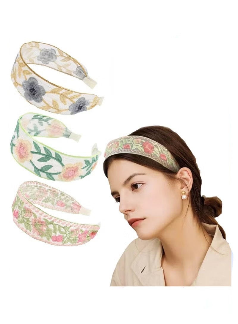 3 قطع من عصابات الرأس المطرزة بالزهور للنساء والفتيات، عصابات شعر واسعة مرنة من الدانتيل العتيق، عصابة رأس شبكية غير قابلة للانزلاق مع عقدة علوية لإكسسوارات الشعر في الربيع والصيف (متعددة الألوان) - Image 1