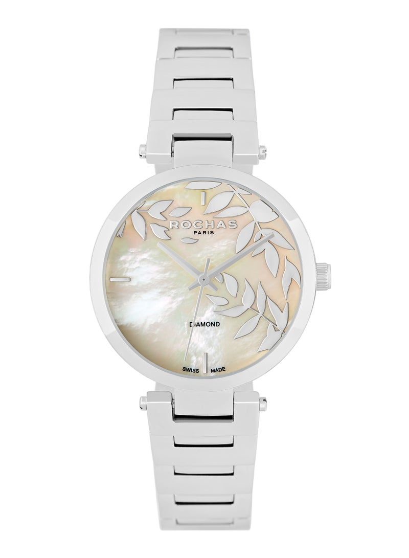 Rochas Ladies 32 mm Swiss Watch with White Mother-of-Pearl Dial and Stainless Steel Bracelet - RWF204
