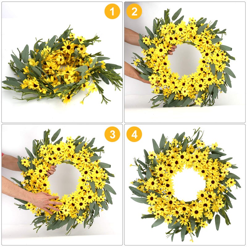 JINGHONG Yellow Spring Wreath 22 Inch Summer Wreath with Sunflower and Daisy Flower Wreaths for Front Door Window Wall Decoration and Indoor Outdoor Decor - Image 3