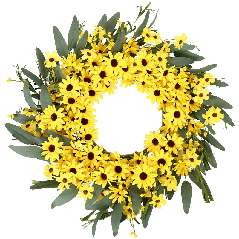 JINGHONG Yellow Spring Wreath 22 Inch Summer Wreath with Sunflower and Daisy Flower Wreaths for Front Door Window Wall Decoration and Indoor Outdoor Decor - Image 1