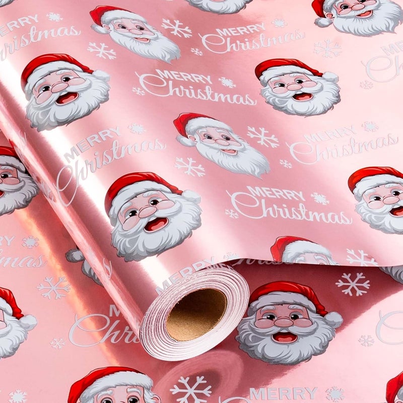 MAYPLUSS Pink Christmas Wrapping Paper Roll - 17IN X 33FT - Santa Claus Gift Wrapping Paper Featuring Merry Christmas Snowflake Reversible HO for Kids, Holiday, New Year - Image 1