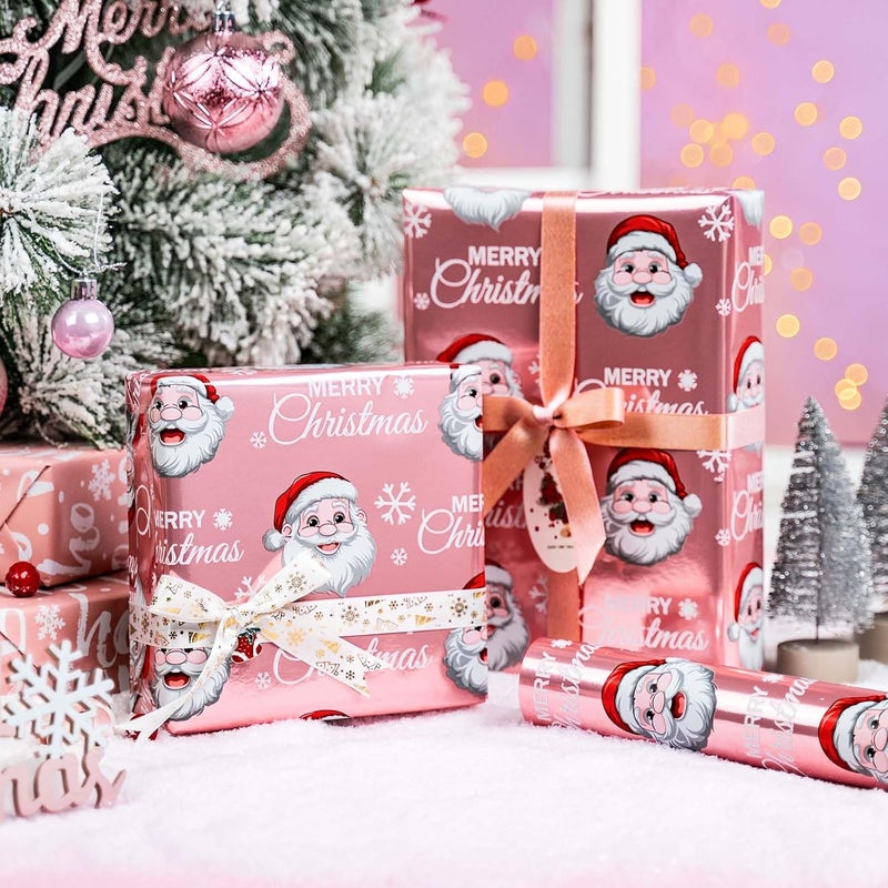 MAYPLUSS Pink Christmas Wrapping Paper Roll - 17IN X 33FT - Santa Claus Gift Wrapping Paper Featuring Merry Christmas Snowflake Reversible HO for Kids, Holiday, New Year - Image 5