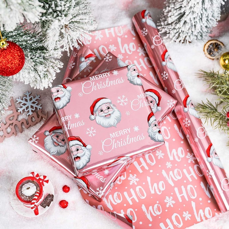 MAYPLUSS Pink Christmas Wrapping Paper Roll - 17IN X 33FT - Santa Claus Gift Wrapping Paper Featuring Merry Christmas Snowflake Reversible HO for Kids, Holiday, New Year - Image 3