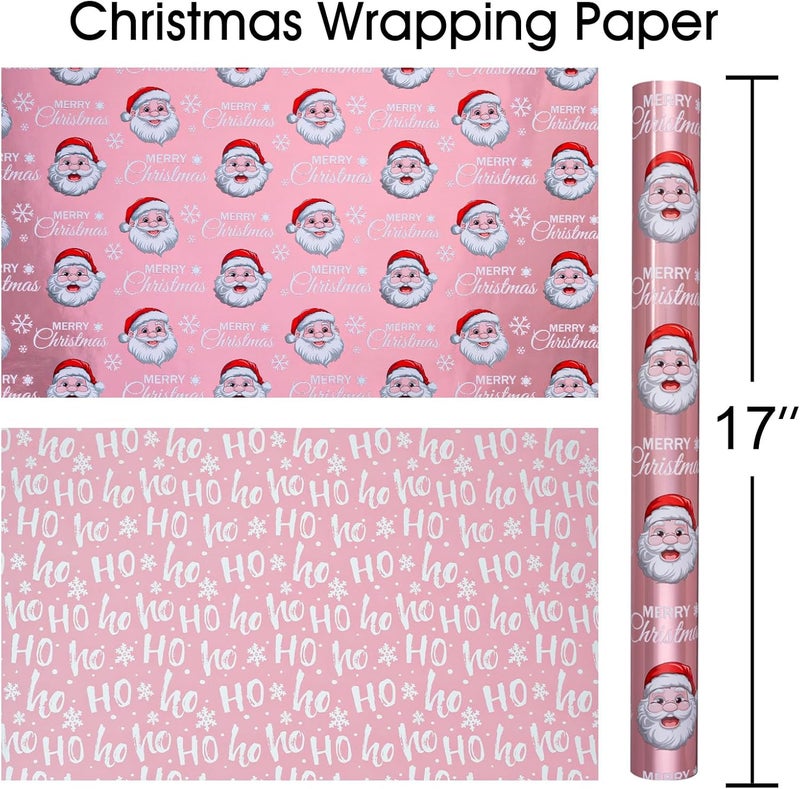 MAYPLUSS Pink Christmas Wrapping Paper Roll - 17IN X 33FT - Santa Claus Gift Wrapping Paper Featuring Merry Christmas Snowflake Reversible HO for Kids, Holiday, New Year - Image 4
