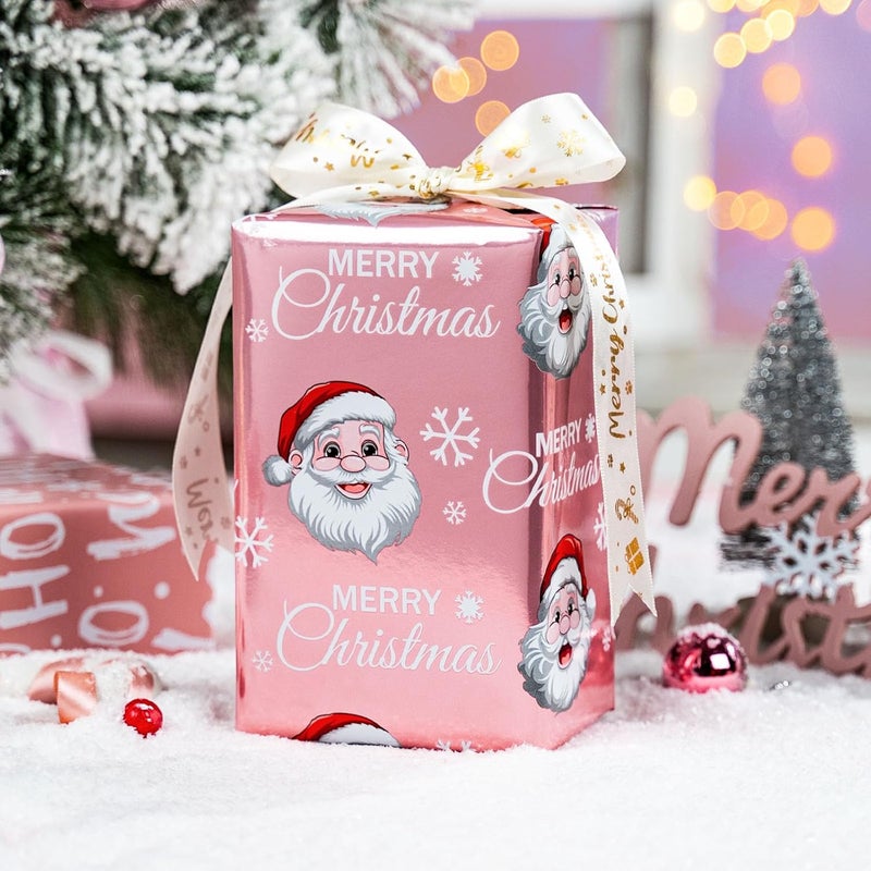 MAYPLUSS Pink Christmas Wrapping Paper Roll - 17IN X 33FT - Santa Claus Gift Wrapping Paper Featuring Merry Christmas Snowflake Reversible HO for Kids, Holiday, New Year - Image 2