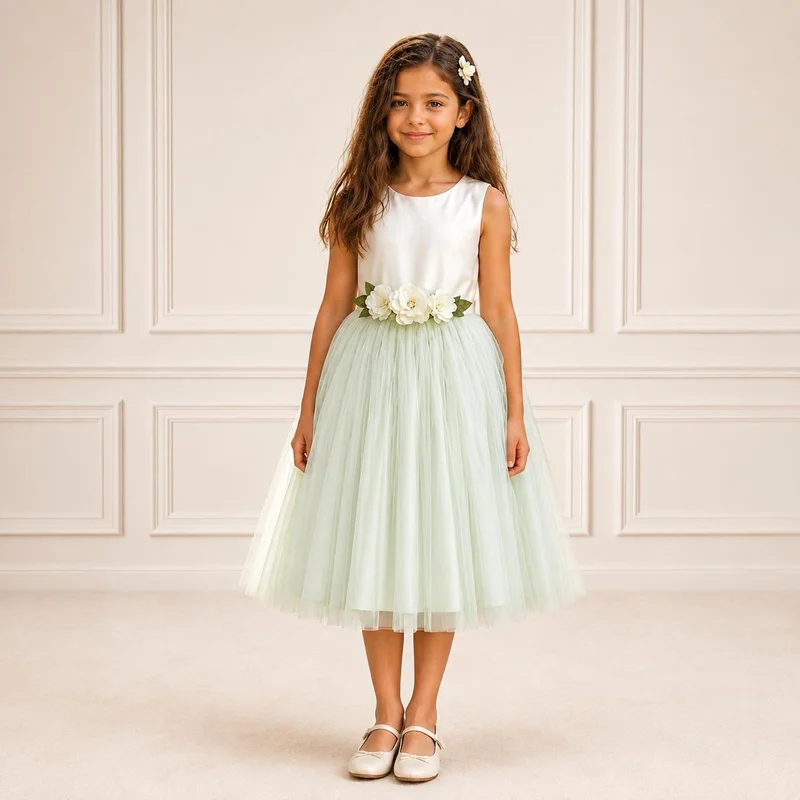 Via Bambino Sage Green Floral-Waist Tulle Dress 5721