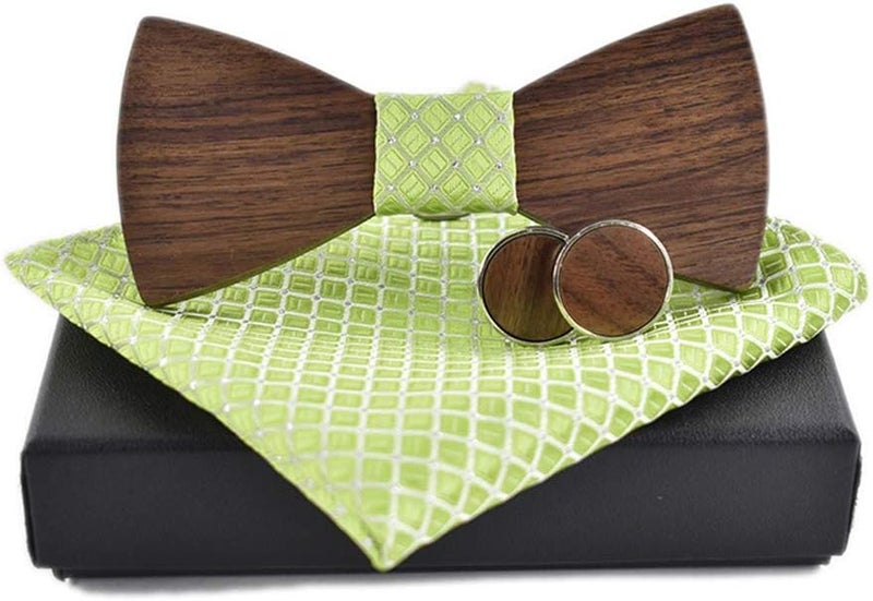 Novelty Wood Bow Tie Handmade Groom Groomsman Pre-tie Bowtie Pocket Square and Men's Cufflinks Set with Gift Box