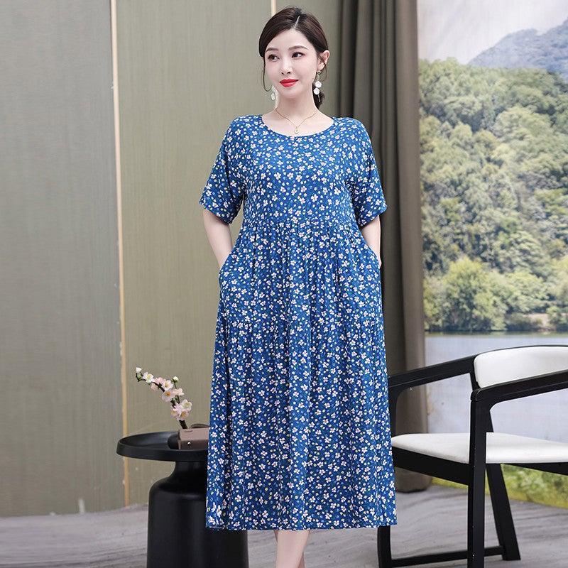 Solid Color Mid-length Dress Womens 2024 Summer New Large Size Printed Loose Short-sleeved A- line Dress Large Swing Long Dress blue floral - Image 1