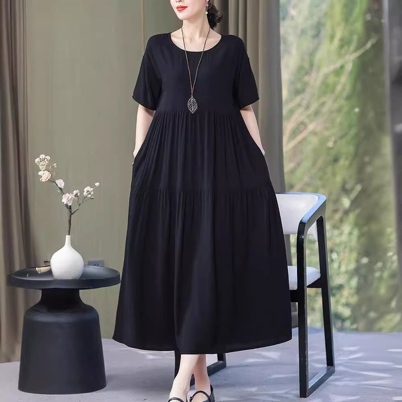 Solid Color Mid-length Dress Womens 2024 Summer New Large Size Printed Loose Short-sleeved A- line Dress Large Swing Long Dress blue floral - Image 3