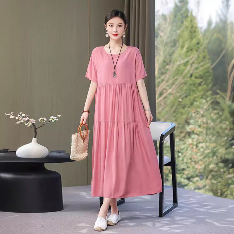 Solid Color Mid-length Dress Womens 2024 Summer New Large Size Printed Loose Short-sleeved A- line Dress Large Swing Long Dress blue floral - Image 4