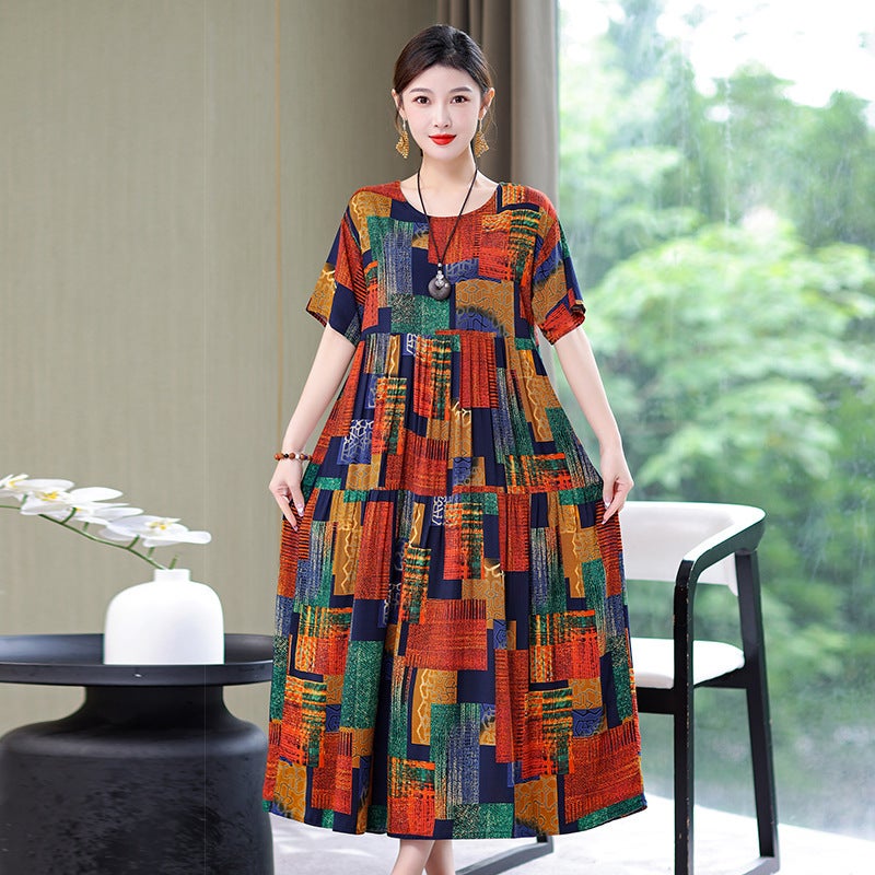 Solid Color Mid-length Dress Womens 2024 Summer New Large Size Printed Loose Short-sleeved A- line Dress Large Swing Long Dress blue floral - Image 2