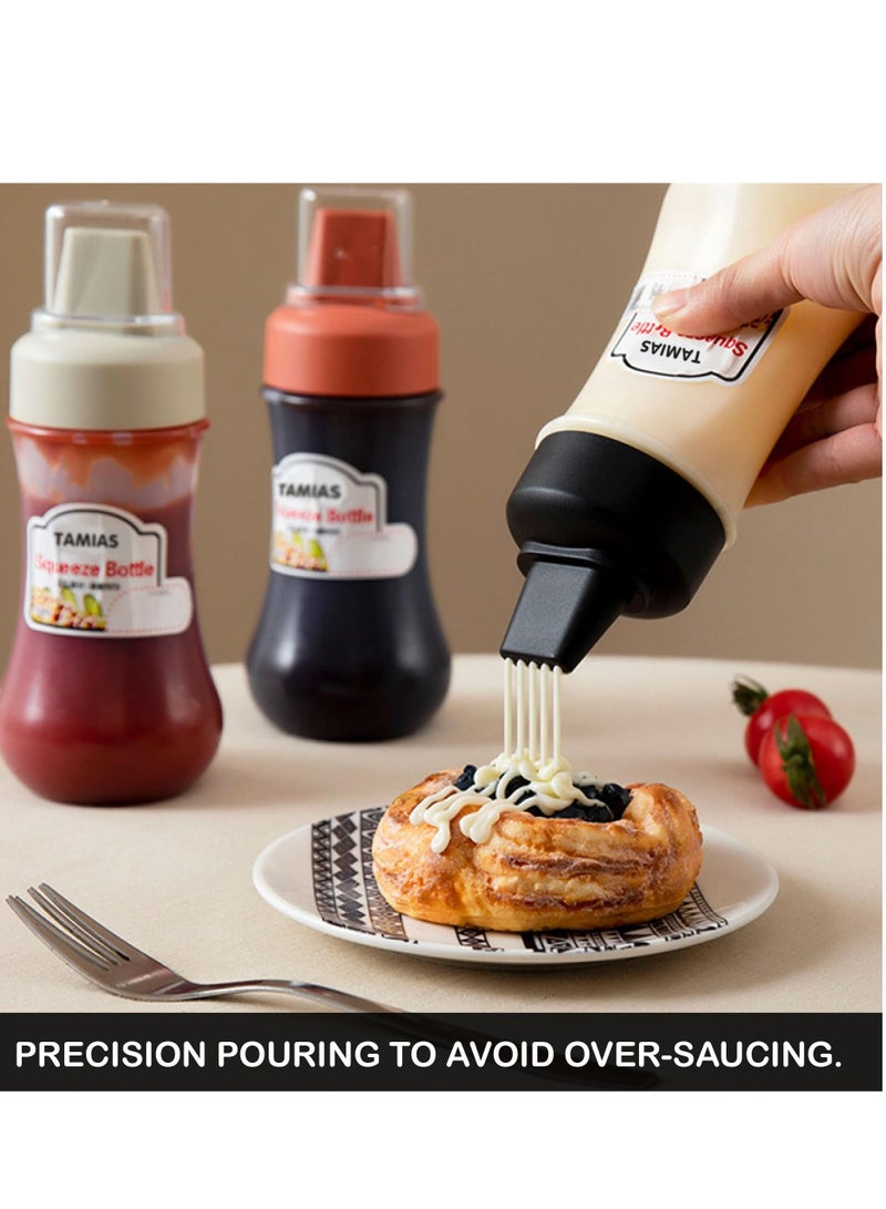 Excefore زجاجات بلاستيكية للضغط للتوابل، زجاجات ضغط للصلصات والسوائل، زجاجات ضغط متعددة الألوان مع 5 فتحات لتوزيع الصلصات بالتساوي، عبوة من 3 قطع - Image 2