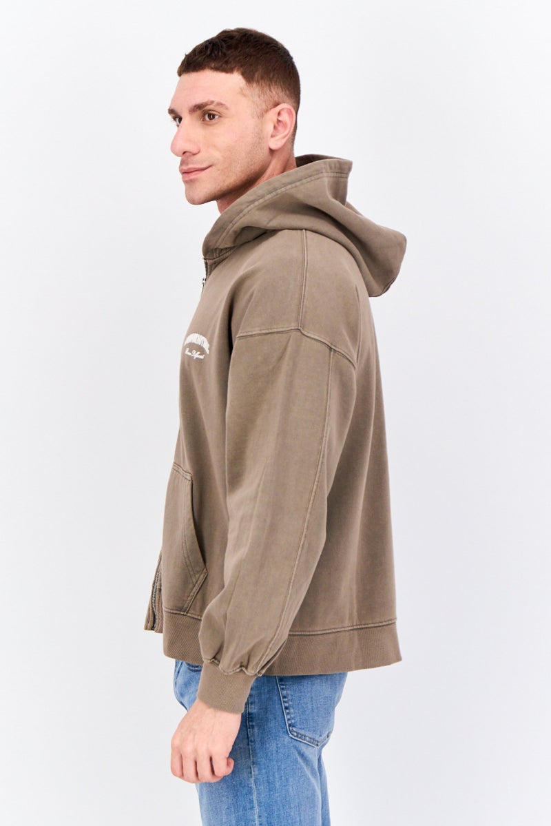 GOOD FOR NOTHING Men Hooded Long Sleeves Brand Logo Sweatshirt, Khaki - Image 2