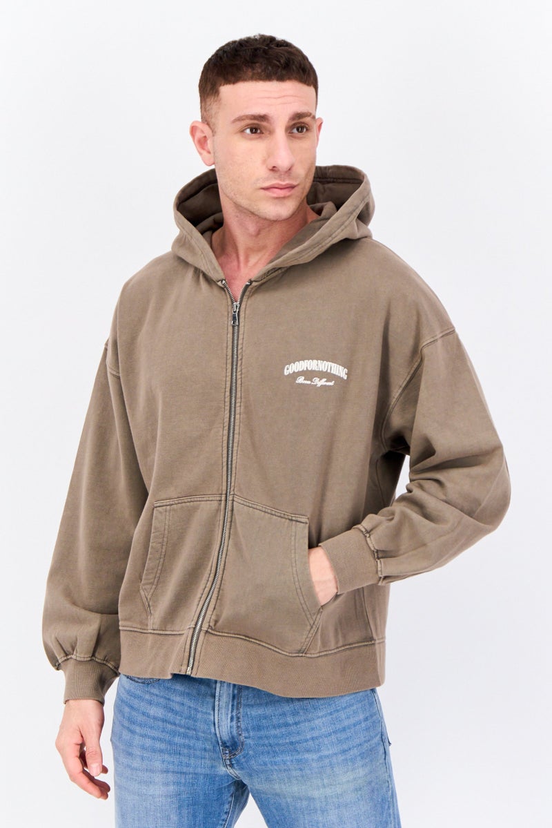 GOOD FOR NOTHING Men Hooded Long Sleeves Brand Logo Sweatshirt, Khaki - Image 1