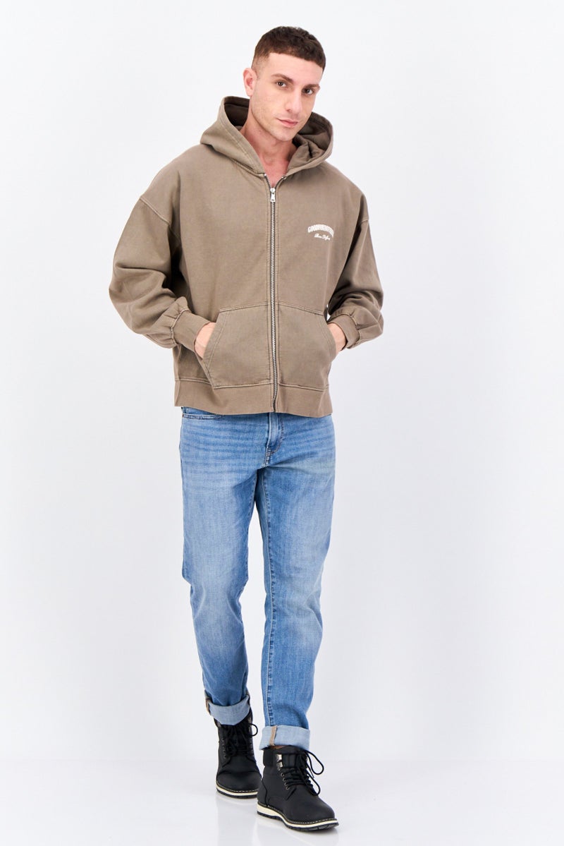 GOOD FOR NOTHING Men Hooded Long Sleeves Brand Logo Sweatshirt, Khaki - Image 3