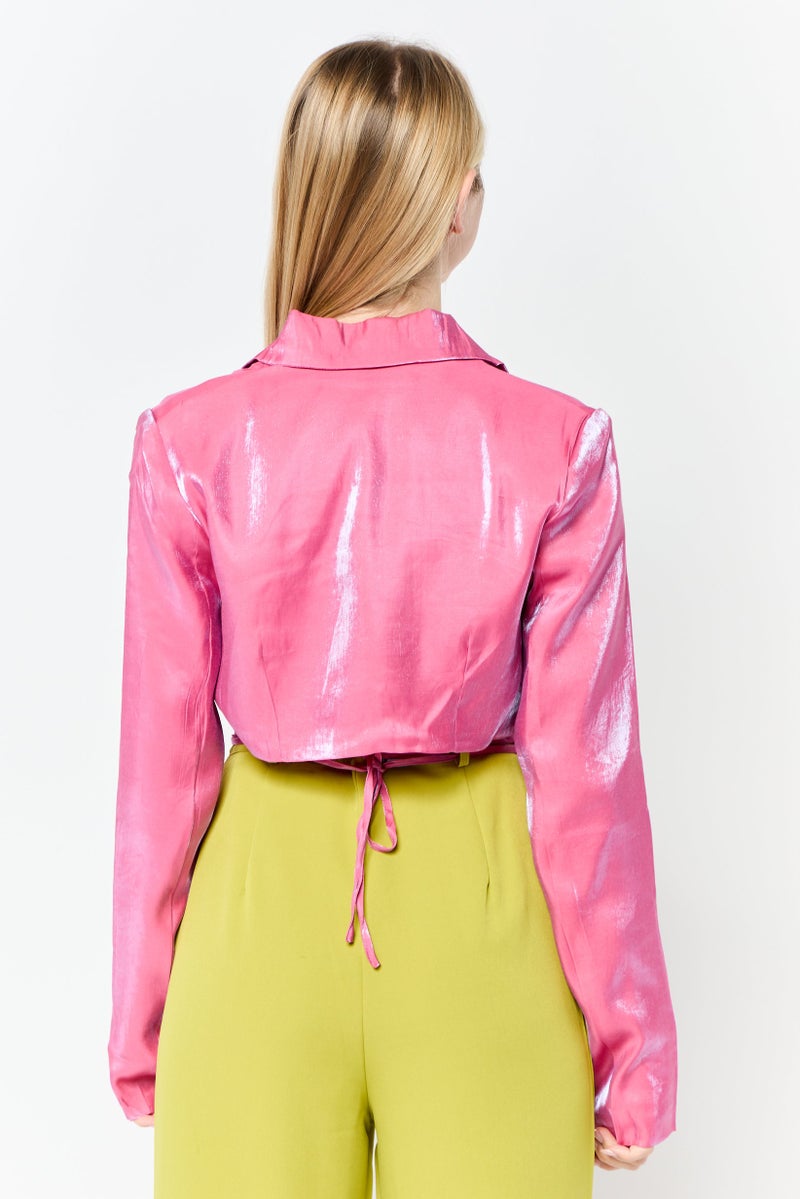 Heartbreak Women Regular Fit Metallic Crop Blazer, Pink - Image 2