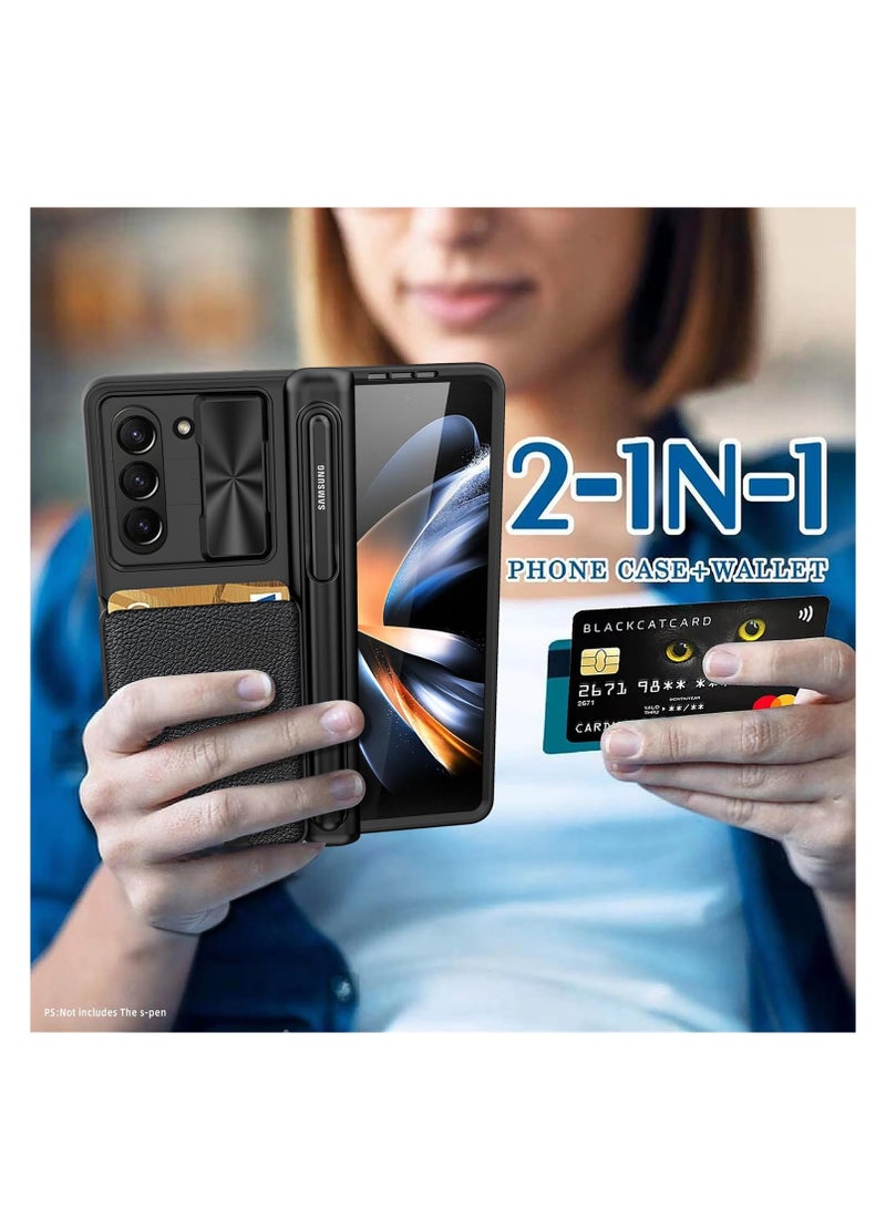Aookay Compatible with Z Fold 6 Case with Pen Holder and Screen Protector, Wallet Case with Removable Card Slot, Sliding Camera Cover and Hinge Protective Phone Case [Pen Not Included] (Black) - Image 2