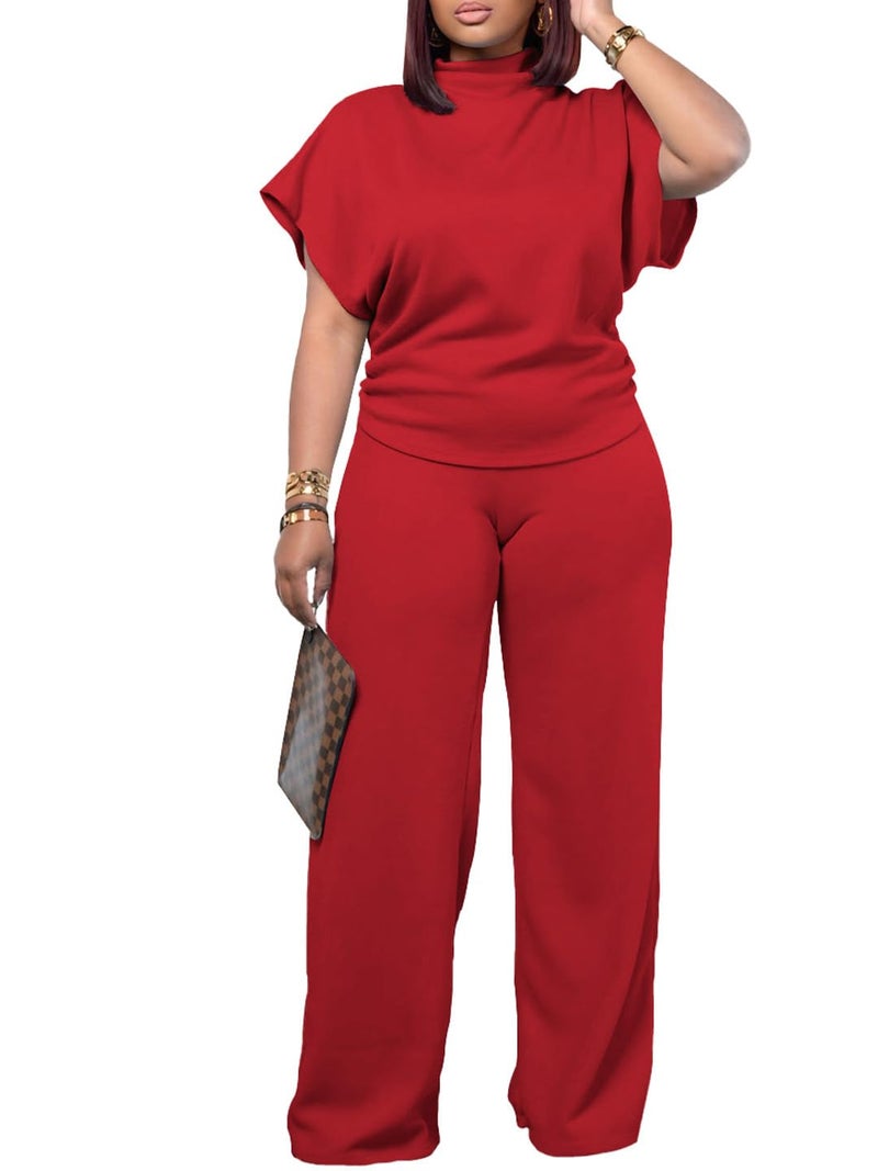 PINSV Lounge Sets For Women Casual 2 Piece Outfits Baggy Short Sleeve Top And Flare Pants Tracksuits Upgrade Red L - Image 3
