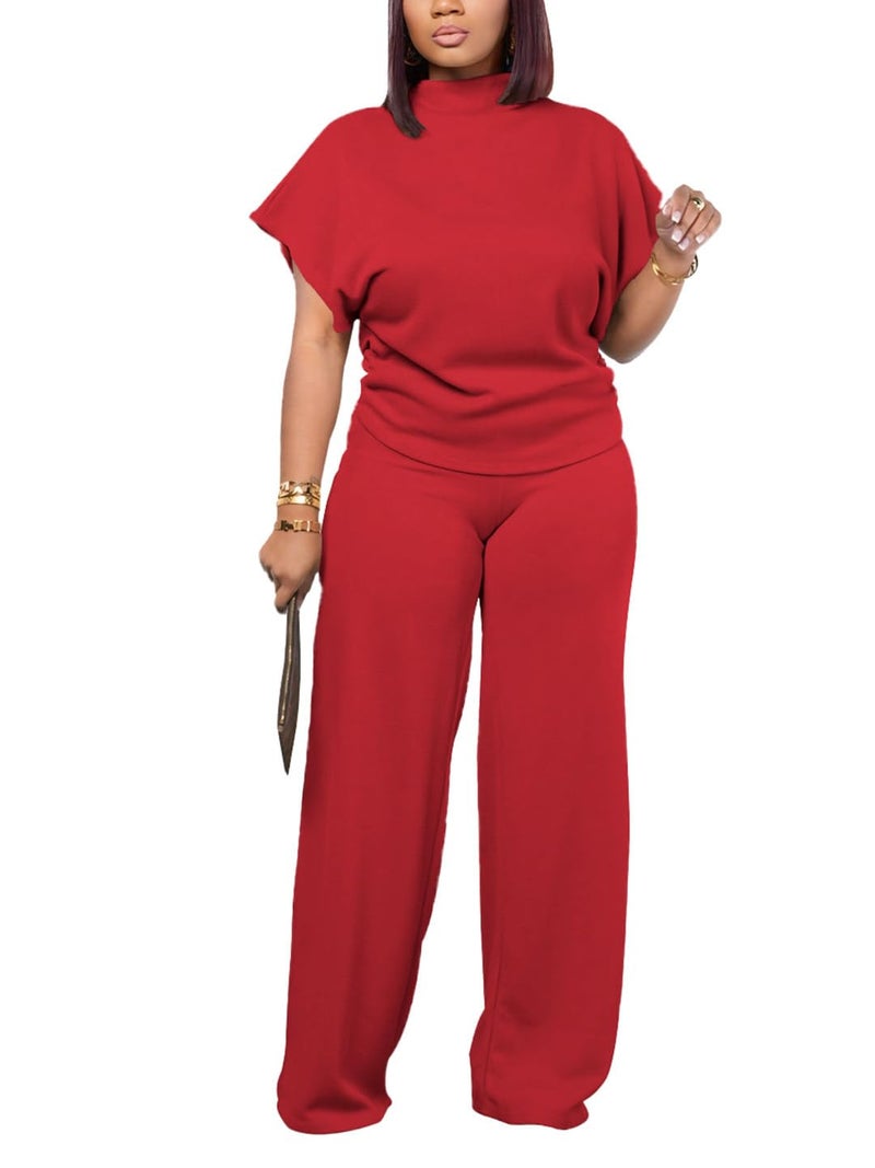 PINSV Lounge Sets For Women Casual 2 Piece Outfits Baggy Short Sleeve Top And Flare Pants Tracksuits Upgrade Red L - Image 1