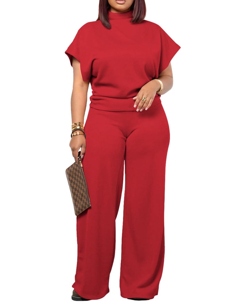 PINSV Lounge Sets For Women Casual 2 Piece Outfits Baggy Short Sleeve Top And Flare Pants Tracksuits Upgrade Red L - Image 2