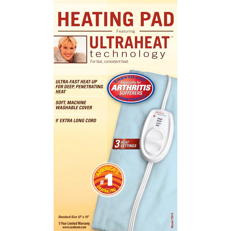 Sunbeam Heating Pad for Pain Relief | Standard Size Ultra Heat, 3 Heat Settings | Light Blue, 12 Inch x 15 Inch - Image 3