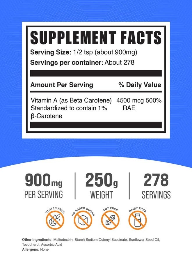 BulkSupplements.com Beta Carotene Powder - Beta Carotene Supplement, Vitamin A Supplement for Immune and Vision Support - Gluten Free, 900mg per Serving, 250g (8.8 oz) (Pack of 1) - Image 2