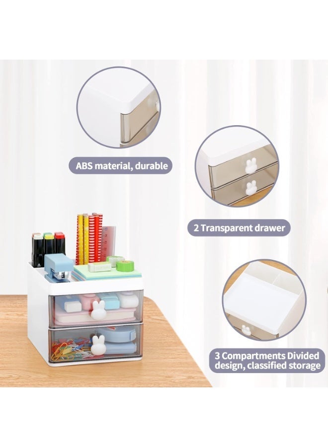 HZYH Small Desk Organizer with Drawer, Office Desktop Storage Box, Business Card/Pen/Pencil/Mobile Phone/Stationery Holder Storage Box, Makeup Organizer for Office School Home (White) - Image 3