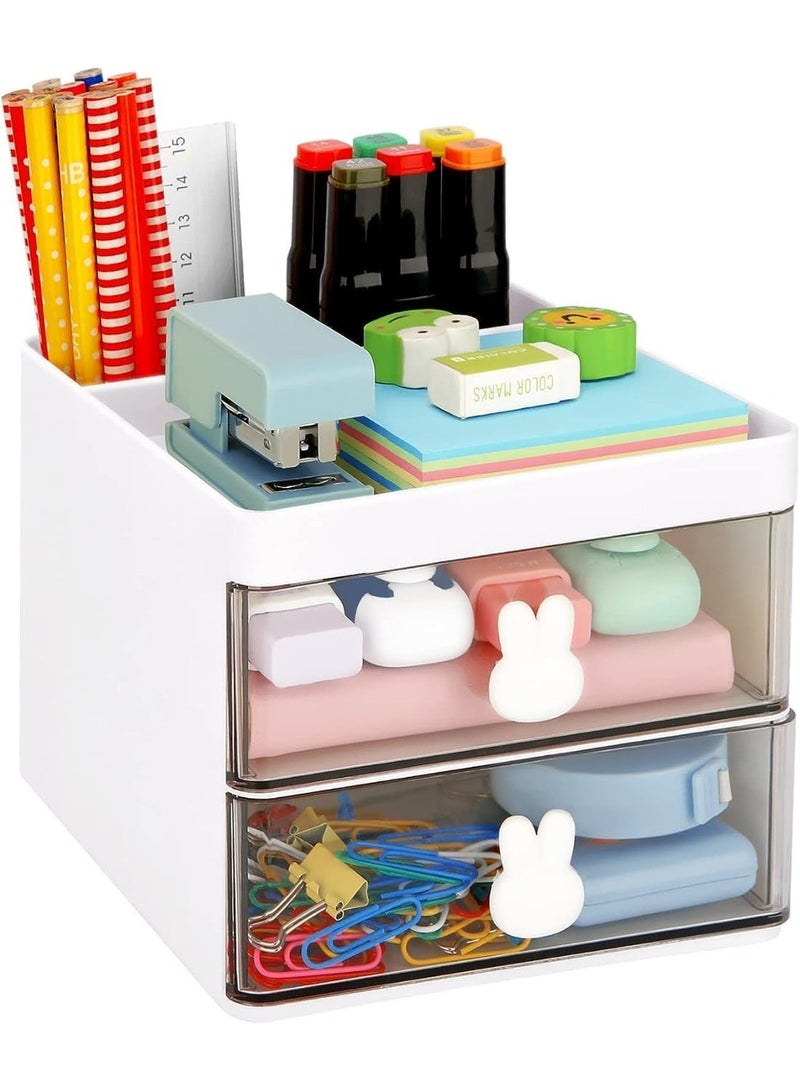 HZYH Small Desk Organizer with Drawer, Office Desktop Storage Box, Business Card/Pen/Pencil/Mobile Phone/Stationery Holder Storage Box, Makeup Organizer for Office School Home (White) - Image 1
