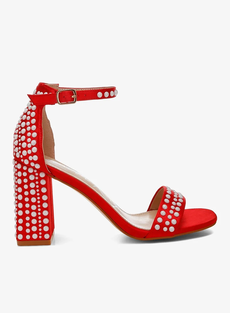 Pearls Embellished Satin Sandals in Red