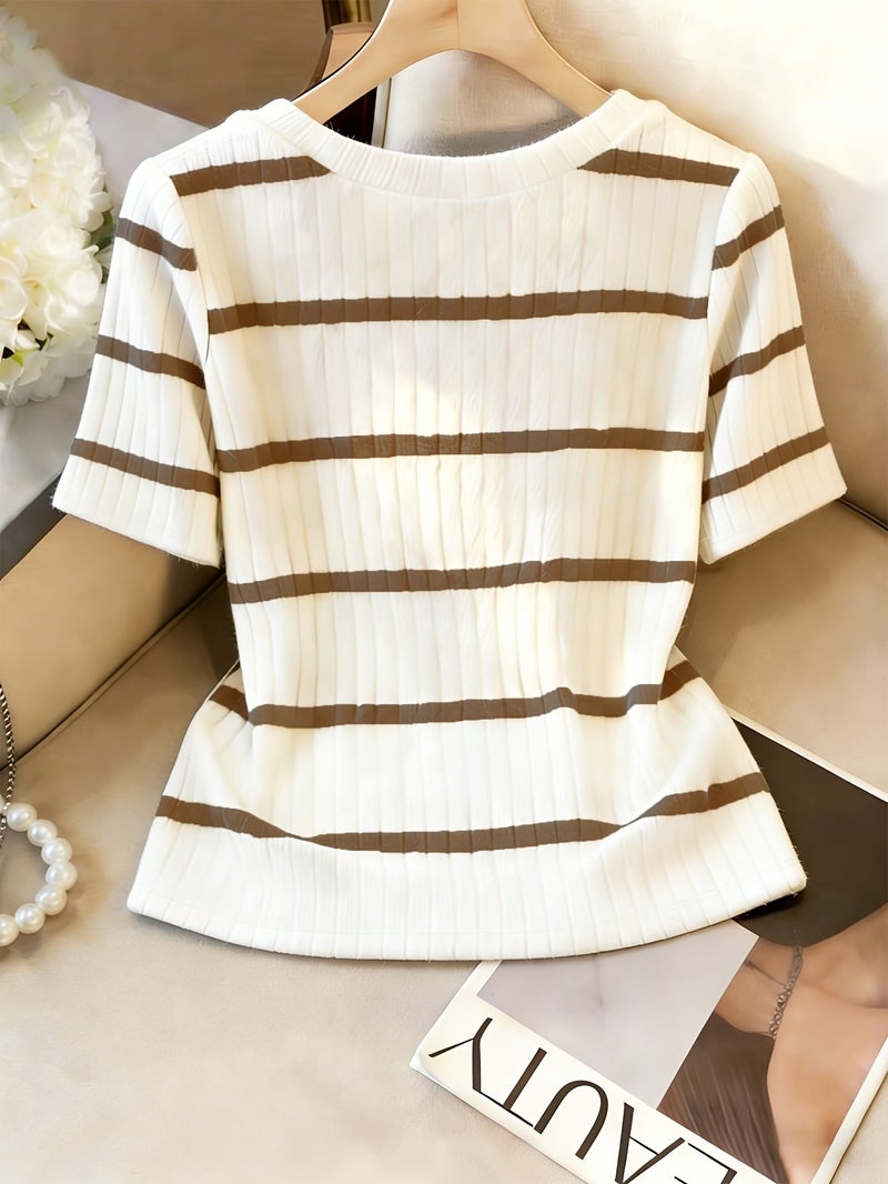Women's Elegant Black & White Striped Button - Decorated Short Sleeve T - Shirt - Button Sleeve Detail, Medium Stretch Blouse Suitable for Seasons, Machine Washable Non - Top for Casual... - Image 3