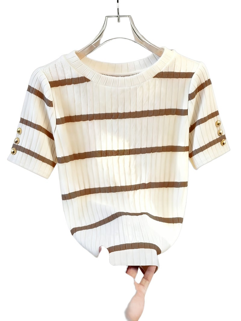 Women's Elegant Black & White Striped Button - Decorated Short Sleeve T - Shirt - Button Sleeve Detail, Medium Stretch Blouse Suitable for Seasons, Machine Washable Non - Top for Casual... - Image 1