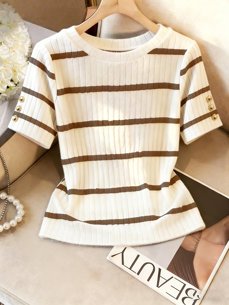 Women's Elegant Black & White Striped Button - Decorated Short Sleeve T - Shirt - Button Sleeve Detail, Medium Stretch Blouse Suitable for Seasons, Machine Washable Non - Top for Casual... - Image 2