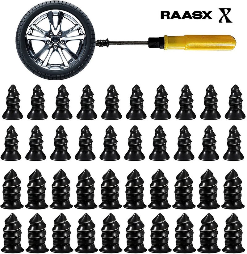 RAASX 40 PCS Tire Repair Rubber Nail Plug Kit with Screwdriver – Self-Service Fast Puncture Repair Tool, 2 Sizes (20 Small + 20 Large), Universal Tire Plug Set for Car, Motorcycle, Truck, Jeep & Bicycle - Image 1