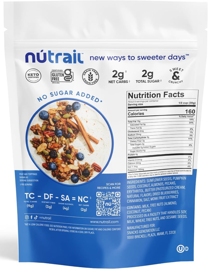 NuTrail Nut Granola Cereal, Blueberry Cinnamon, No Sugar Added, Keto, Low Carb, Gluten Free, 8 oz - Image 2