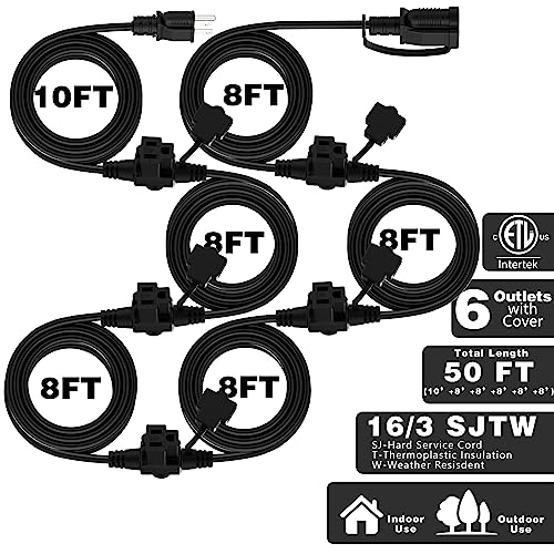 K KASONIC - Outdoor Extension Cord 50 FT, Evenly Spaced 6 Outlets Plugs, 16/3 SJTW Weatherproof Multiple Outlets Wire for Landscaping Light, Holiday Decoration and Christmas, ETL Listed, Black - Image 2