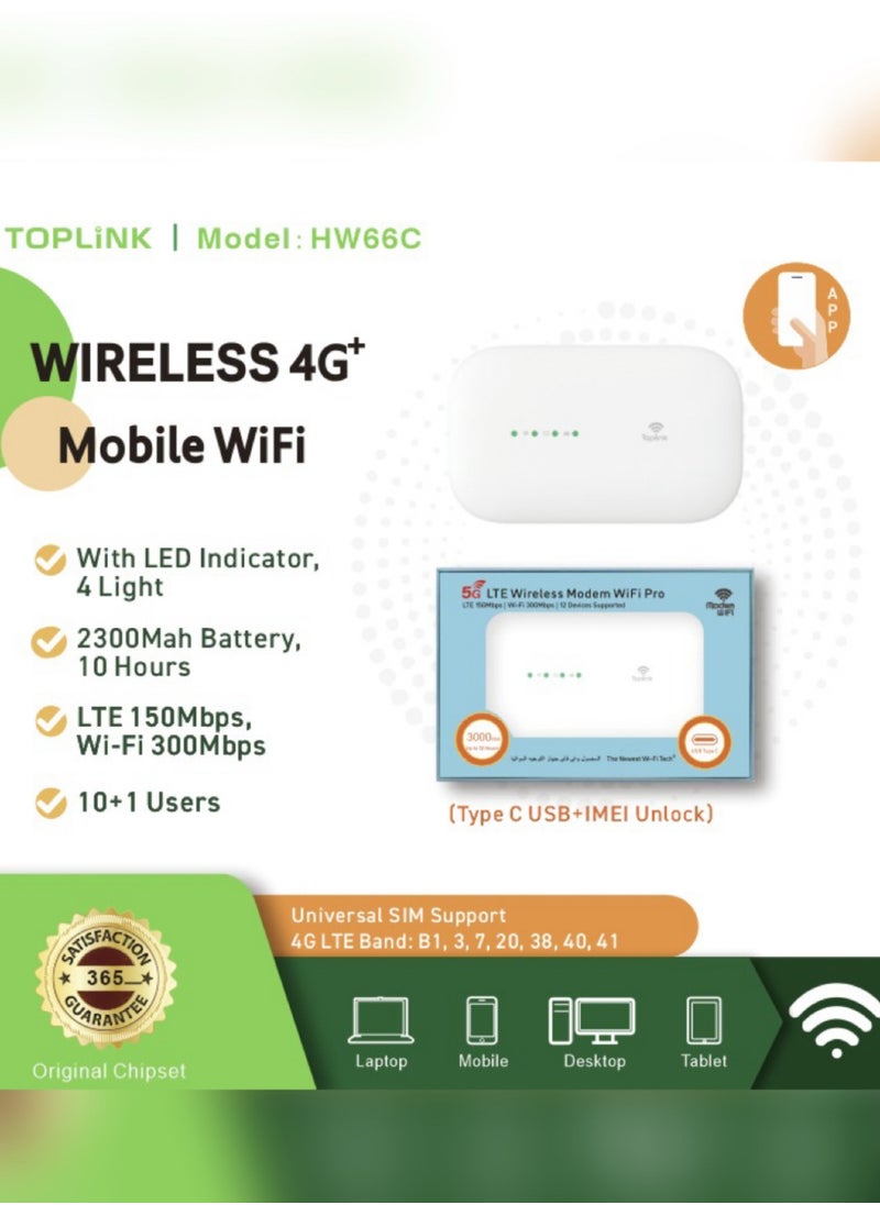TOPLINK - HW66C 4G Pocket Mobilie Wi-Fi Router With 3000mAh Battery ，LTE 150Mbps,Plug And Play, Connects Up 12 Users，Compatible With All SIM Cards - Image 1