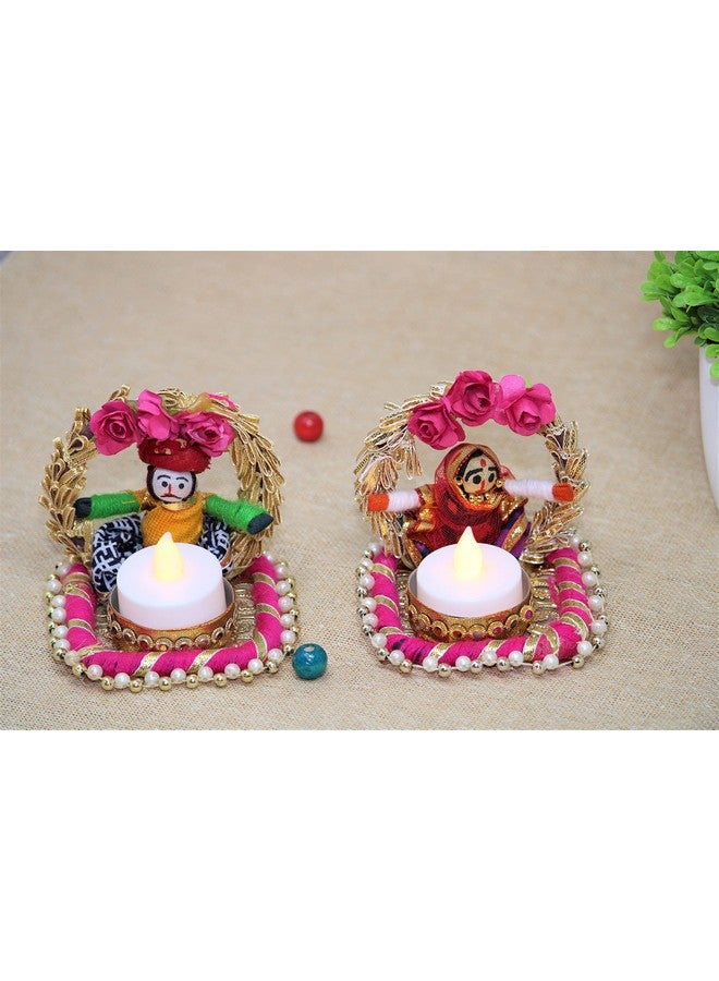 JH Gallery Handmade Recycled Material Rajasthani Dolls Puppet Jharokha Tealight Candle Holder, Multicolor (1 Pair), Recycled Material - Image 2