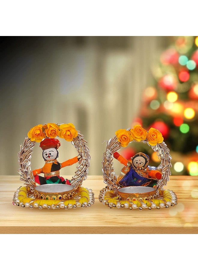 JH Gallery Handmade Recycled Material Rajasthani Dolls Puppet Jharokha Tealight Candle Holder, Multicolor (1 Pair), Recycled Material - Image 1