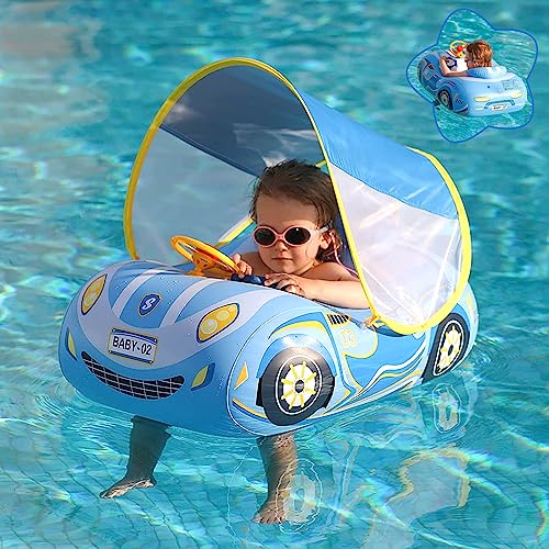 BOffer Baby Pool Float with Canopy PVC Baby Swim Float with Sun Shade Cover 3D Car Toddler Pool Float Swimming Floats Seat Boat for 1218 1224 Months Age 23 3 Years Blue Canopy - Image 1