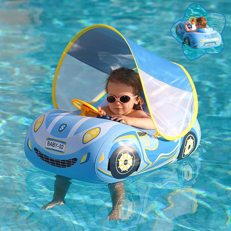 BOffer Baby Pool Float with Canopy PVC Baby Swim Float with Sun Shade Cover 3D Car Toddler Pool Float Swimming Floats Seat Boat for 1218 1224 Months Age 23 3 Years Blue Canopy - Image 2