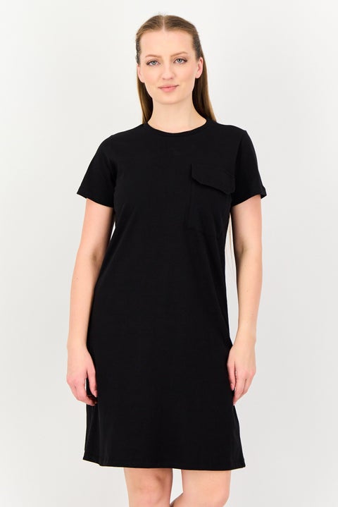 Women Plain Pocket Detailed Mini T-Shirt Dress, Black