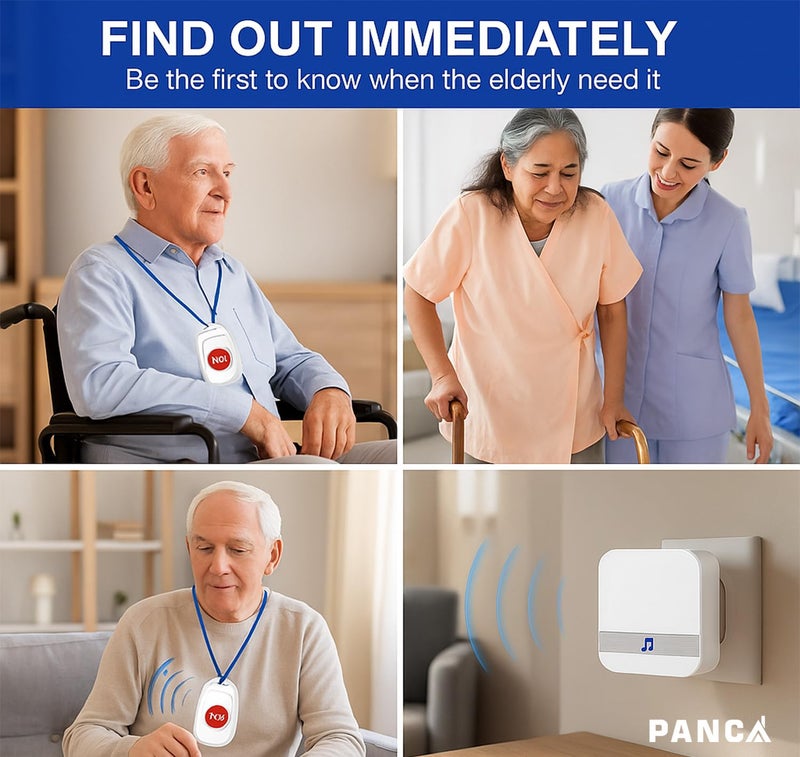 PANCA Wireless Call Button for Elderly | Emergency Caregiver Pager System with Neck Pendant & Portable Alert Button | Seniors Safety Medical Alert System (2 Call Buttons + 1 Receiver, 100M Range) - Image 4