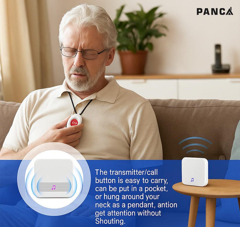 PANCA Wireless Call Button for Elderly | Emergency Caregiver Pager System with Neck Pendant & Portable Alert Button | Seniors Safety Medical Alert System (2 Call Buttons + 1 Receiver, 100M Range) - Image 2