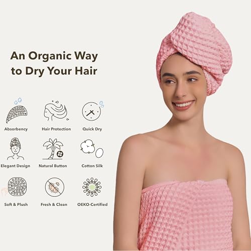 KOSMU 100% Organic Cotton Hair Drying Waffle Towel Wrap for Women | Absorbent & Quick Dry Head Turban for Wet Hair in Shower Sauna Spa, Extra Large for Long Straight Curly Plopping Button (Pink, 1 PACK) - Image 4